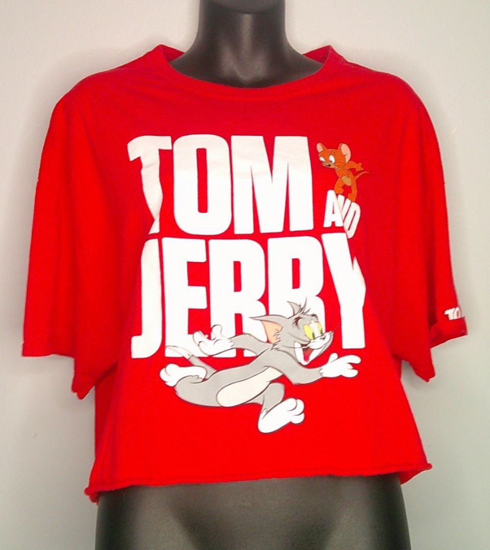 Tom & Jerry Cartoon Women's XL Red Cropped Graphic T-Shirt
